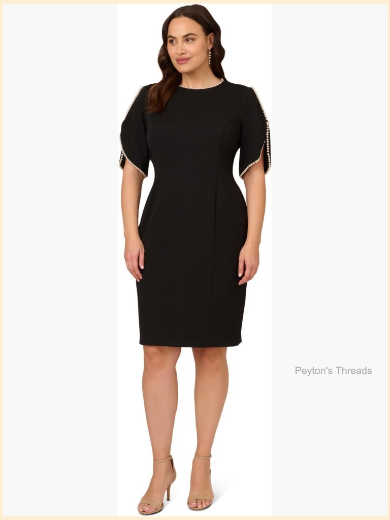 Knit Crepe Pearl Midi Dress With Elbow Sleeves Sheath Cocktail Dress